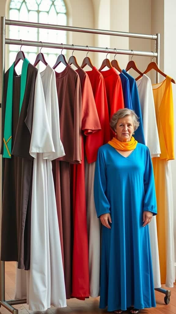 A selection of colorful modern choir gowns displayed on hangers, with a woman in a blue gown standing beside them.