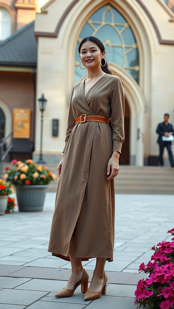 A woman wearing a belted midi dress with block heels and gold hoop earrings outside a church.