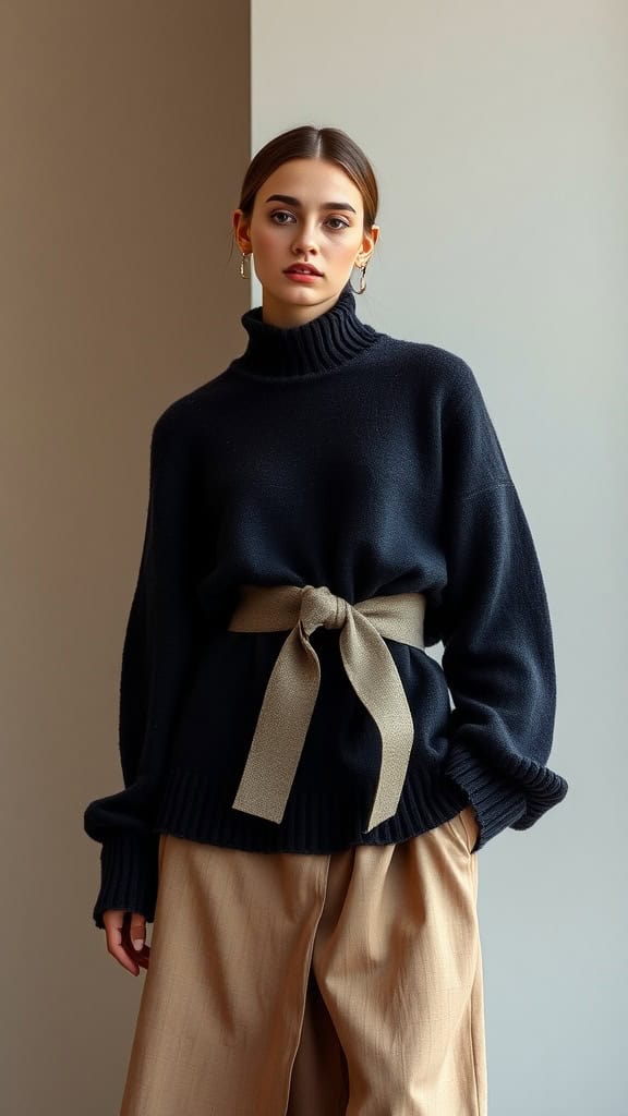 A woman wearing a beige ribbed sweater and a long skirt, cinched with a brown belt, standing in a stylish outdoor setting