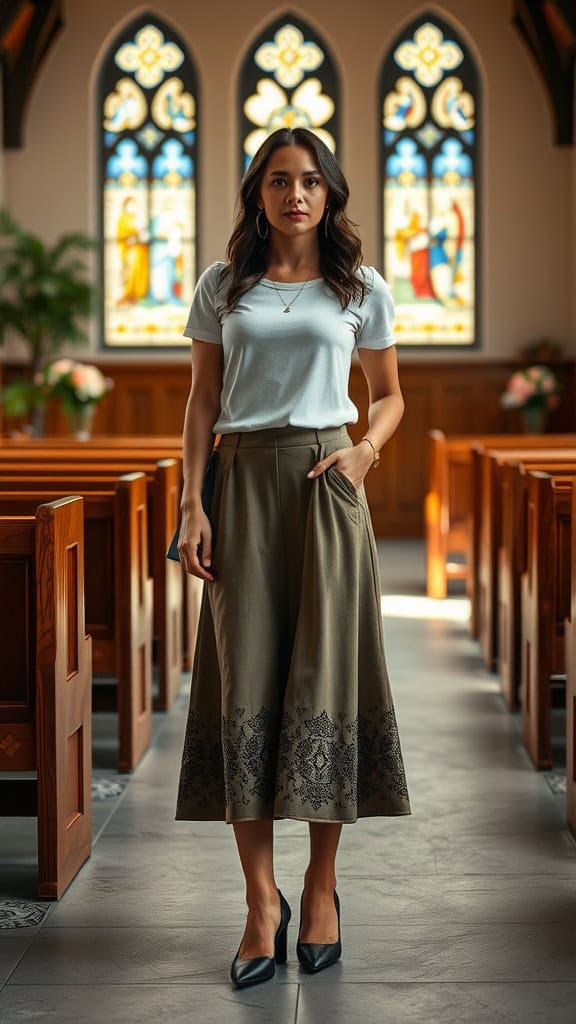 A woman wearing a modest A-line skirt with a tucked-in tee and block heels inside a church.