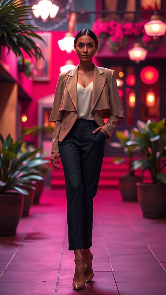 A model wearing a cape-style blazer over tailored pants with stilettos, set in a stylish urban environment.