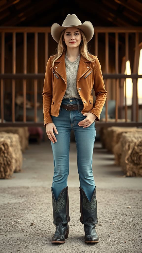 A stylish woman in a suede jacket, flared jeans, and cowboy boots, standing in a rustic barn setting.