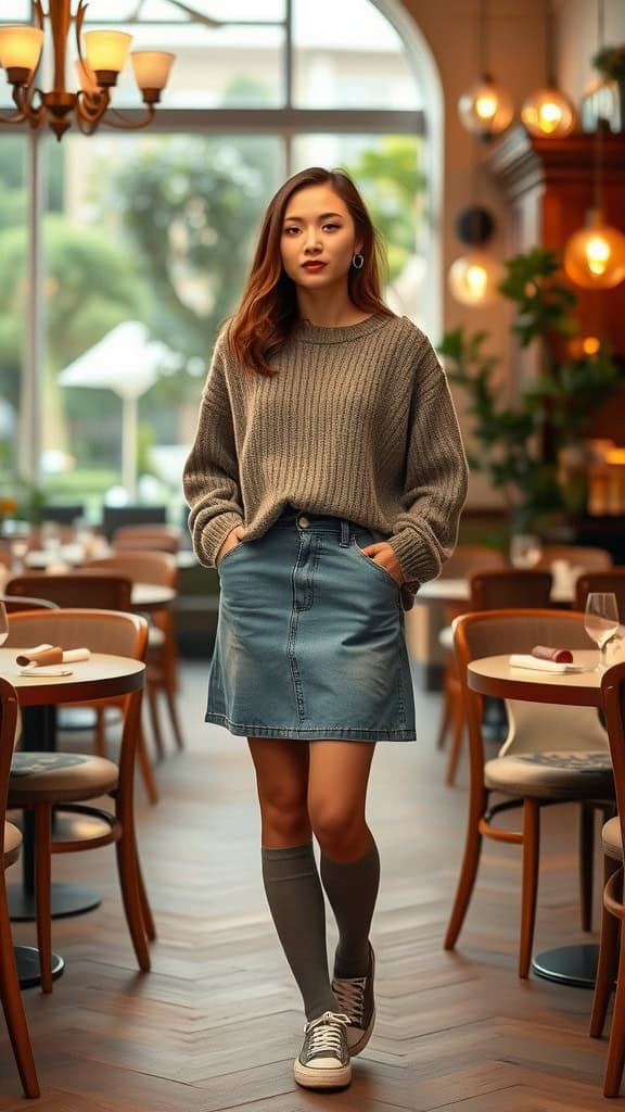 A woman wearing a cozy sweater and A-line denim skirt walking through a restaurant.