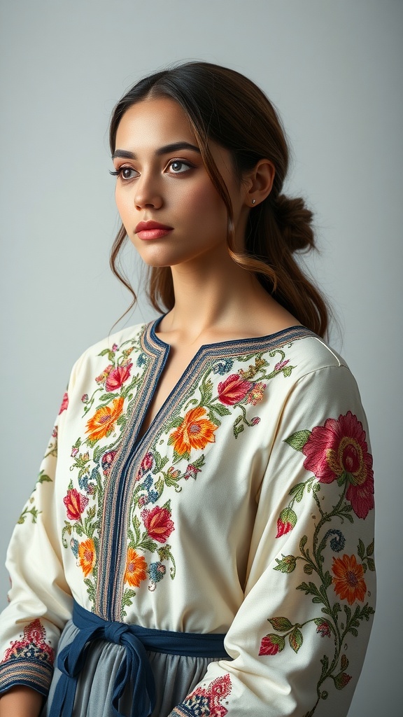 A model wearing a modest dress with intricate floral embroidery, posing in an elegant setting.