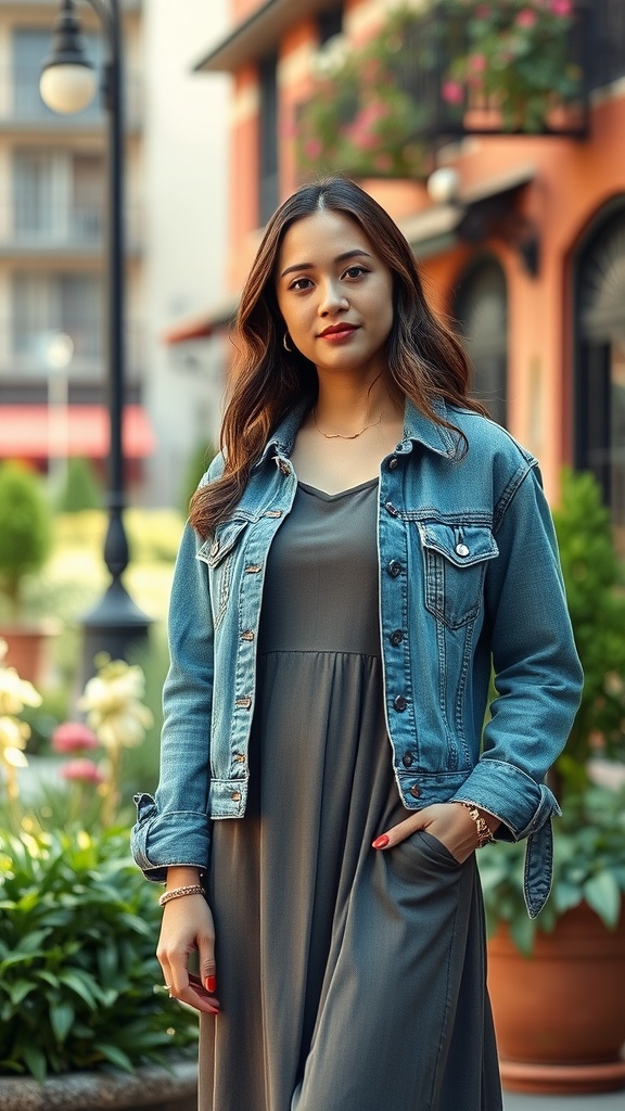 A woman wearing a long gray dress and a denim jacket, standing outdoors with colorful flowers in the background.