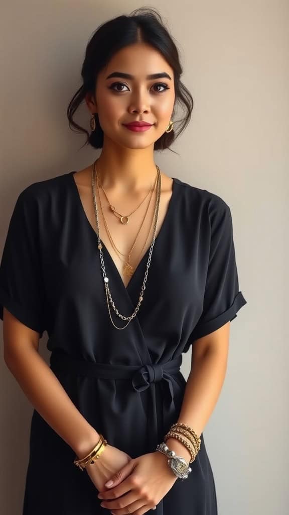 A mannequin displaying a long sleeve cream dress accessorized with layered necklaces and bracelets, surrounded by greenery.