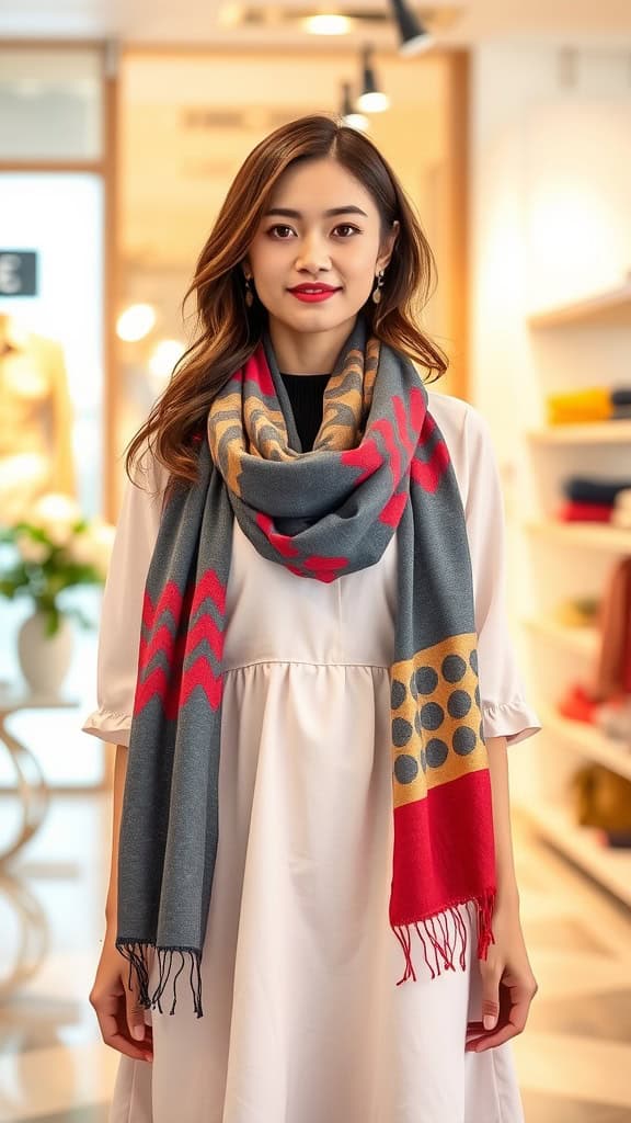 A woman in a stylish modest outfit with a patterned scarf, showcasing a chic look in a fashion setting.