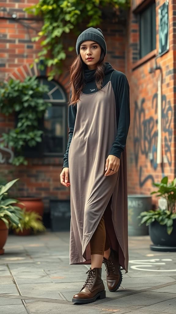 A woman wearing a layered slip dress over a long sleeve tee, styled with a beanie and combat boots in an urban setting.