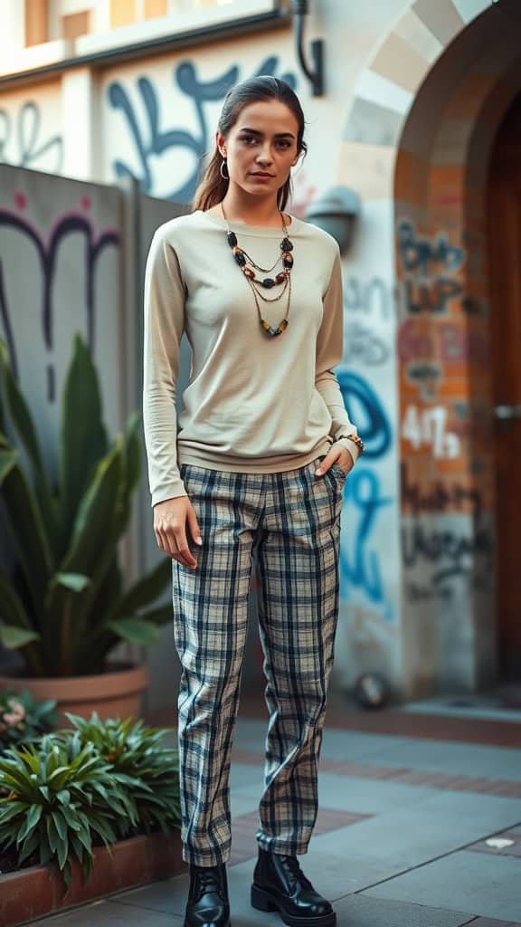 A model wearing a long-sleeve band tee and plaid trousers, showcasing a modest grunge outfit.