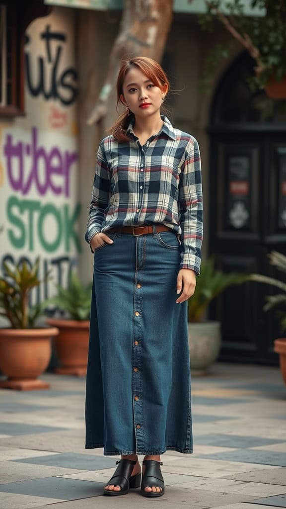 A woman standing confidently in a long denim skirt and a flannel shirt, embodying a modest grunge style.