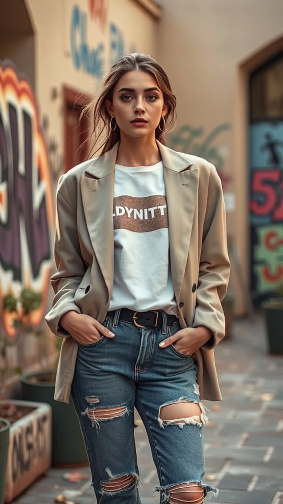 A stylish woman wearing an oversized blazer over a graphic tee and ripped jeans, posing in an alley with colorful graffiti.