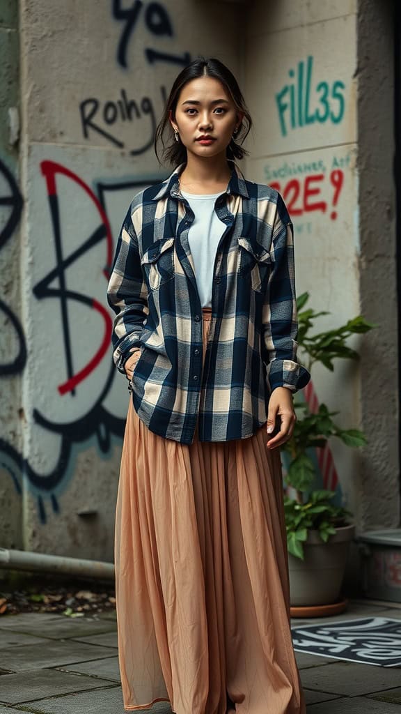 A person wearing an oversized flannel shirt with a long, flowing maxi skirt, set against a backdrop of graffiti.