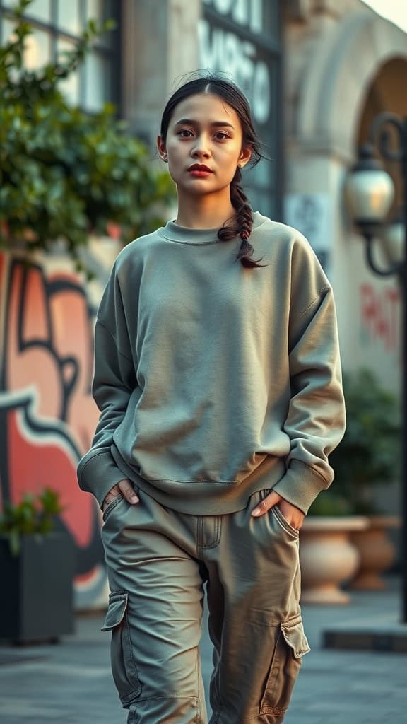 A young woman wearing an oversized sweatshirt and cargo pants, standing in an urban setting.