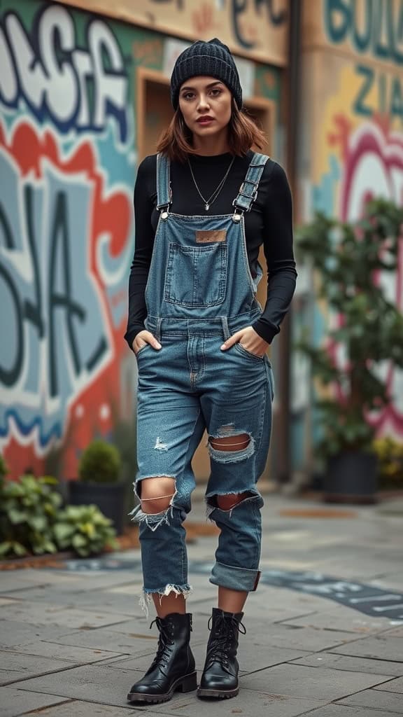 A woman wearing a black turtleneck under distressed denim overalls, paired with combat boots, standing in front of a colorful graffiti wall.