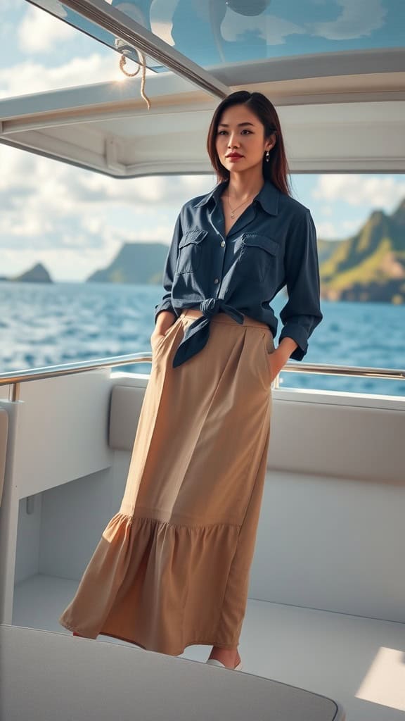 A woman wearing a long skirt and button-up shirt on a boat in Hawaii, with ocean waves and mountains in the background