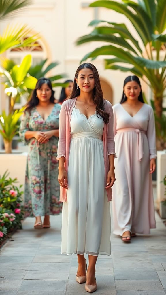 Women in modest sundresses and cardigans walking in a tropical setting