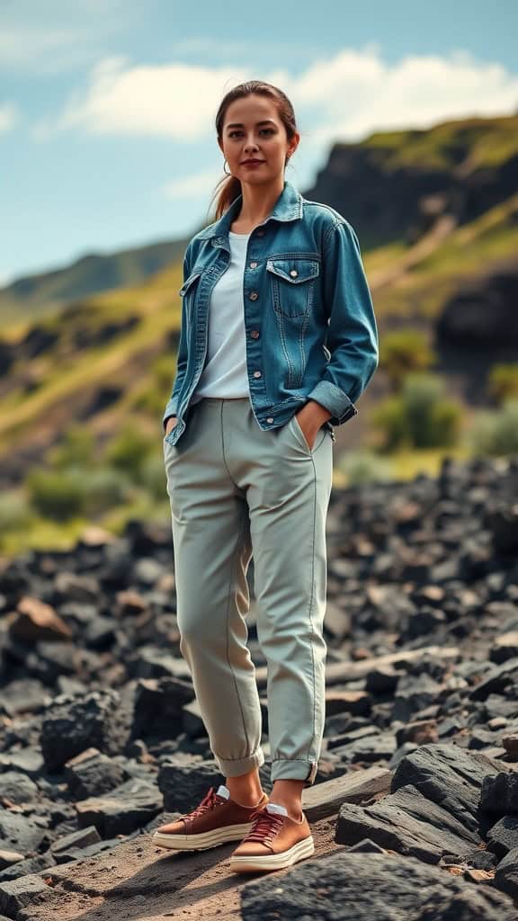 A woman wearing a denim jacket, cotton joggers, and trail sneakers, standing on volcanic rocks with a scenic background.