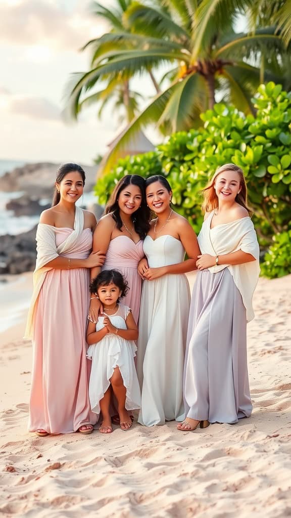 Two women in coordinated maxi dresses with light shawls on a beach in Hawaii