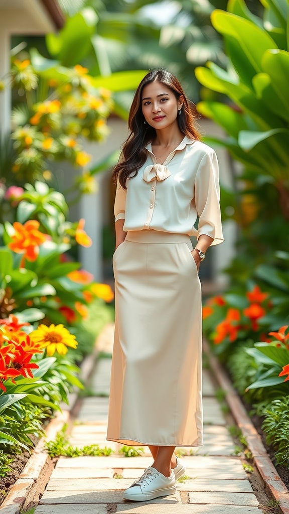 A woman wearing a pastel blouse and an A-line skirt, standing in a tropical garden filled with colorful flowers.