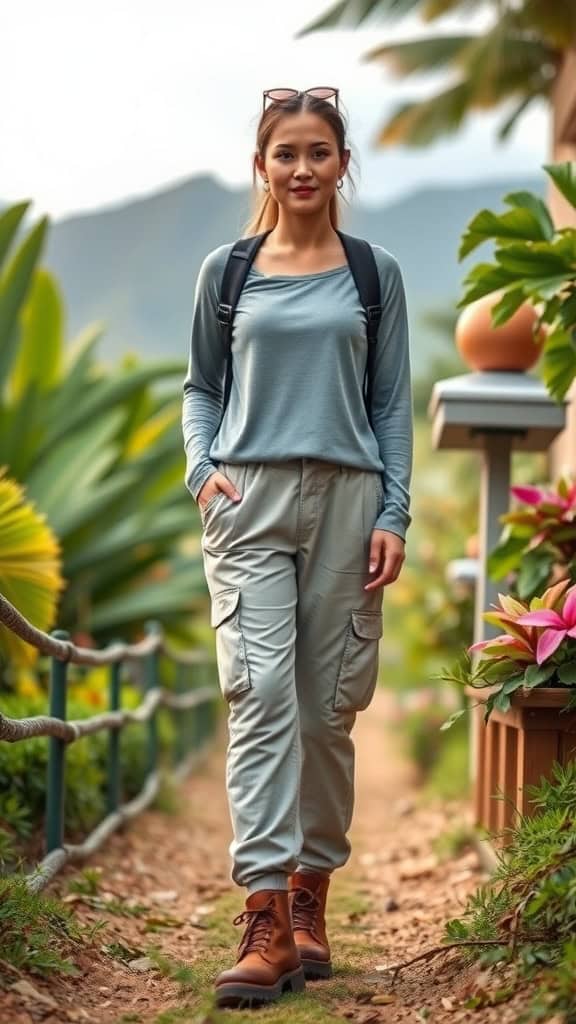 A woman in cargo pants and a long-sleeve top, equipped for hiking in Hawaii with a backdrop of lush greenery.