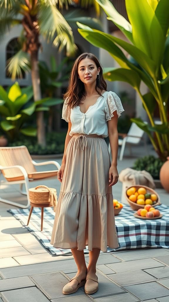 A woman wearing a flowy midi skirt and a cotton top, standing in a tropical setting with fruits in the background.