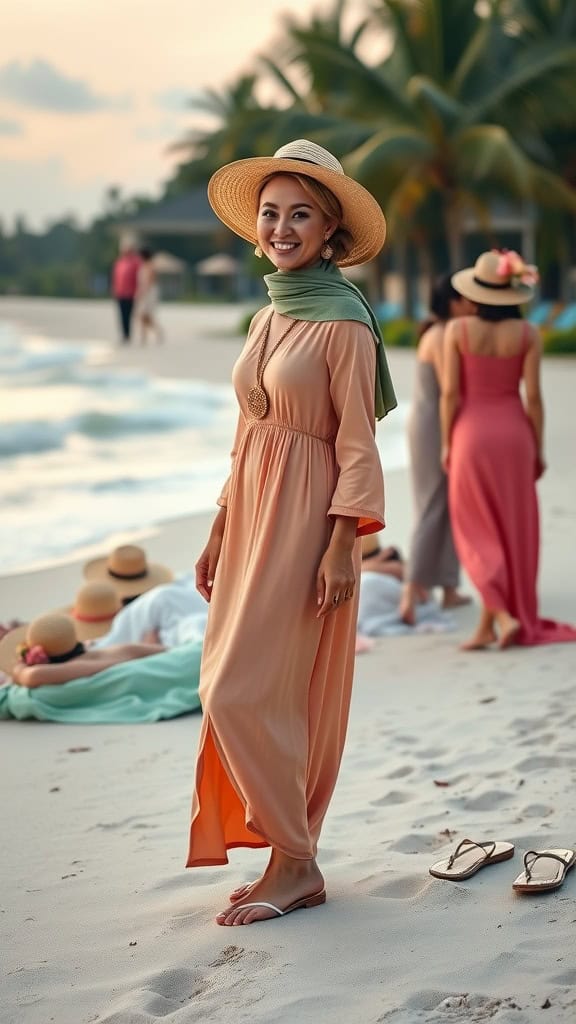 A woman wearing a peach kaftan dress and straw hat on the beach, with palm trees and ocean waves in the background.