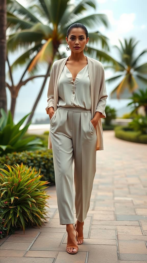 A woman in a stylish jumpsuit and cardigan walking in a tropical setting