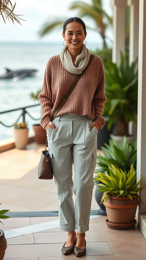 A woman in a cozy sweater and linen trousers, standing outdoors by the ocean, ready for whale watching