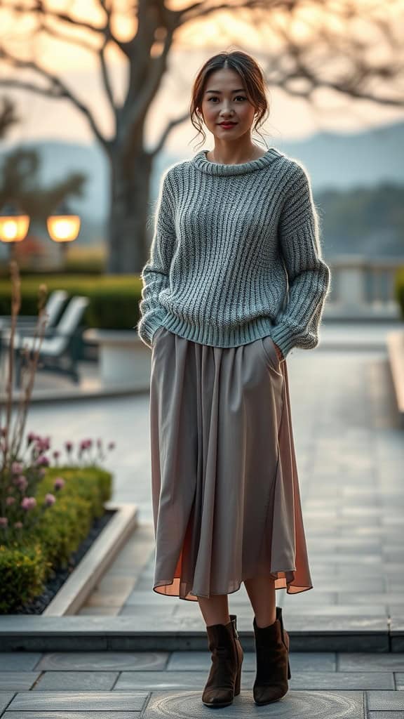 A woman in a cozy knit sweater, midi skirt, and boots, posing outdoors during sunset.