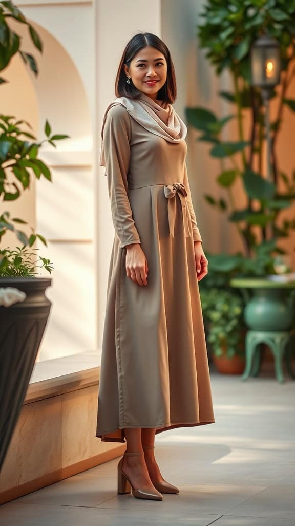 A woman in a beige A-line dress with a scarf and block heels, standing in a bright indoor space surrounded by plants.