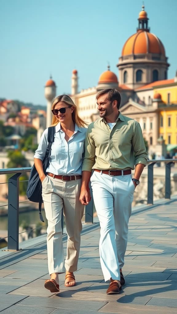 Two women walking together in linen trousers and collared shirts, smiling while sightseeing