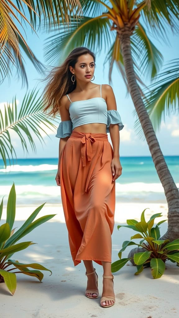 Two women wearing modest outfits in a tropical setting, showcasing a flowy dress and a crop top with a skirt.