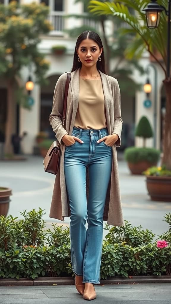 A woman wearing a beige top, light blue jeans, and a longline cardigan, standing in a green outdoor setting.