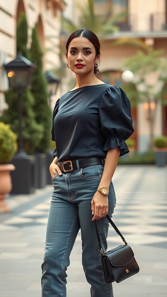 A woman wearing a puffy-sleeve top and fitted jeans, posing confidently outdoors.