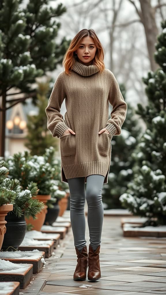 A woman in a cozy oversized turtleneck sweater and gray leggings posing outdoors in a winter setting.