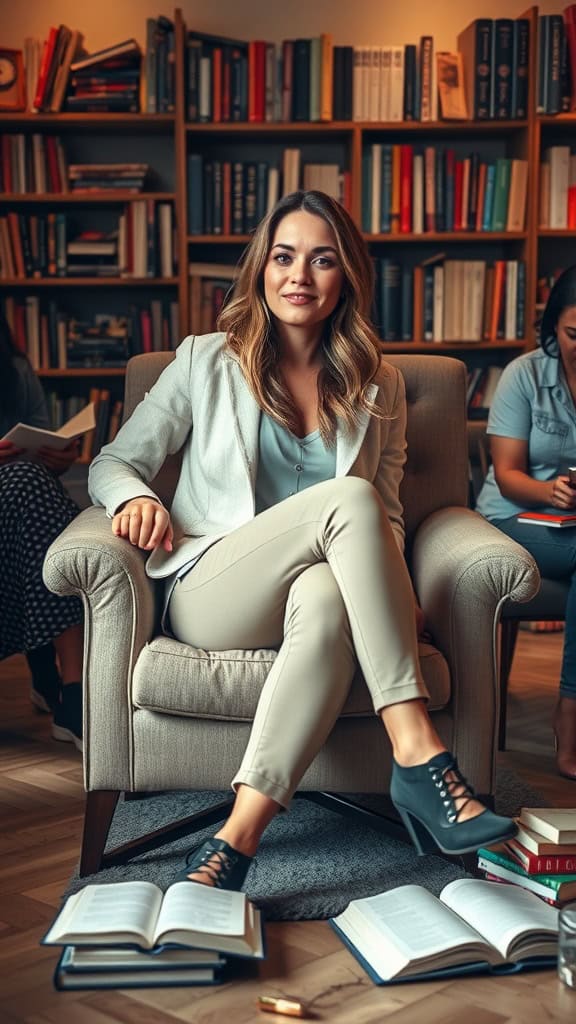 A modest woman at a book club, dressed in a flowing neutral top and leggings, embodying a casual chic outfit.