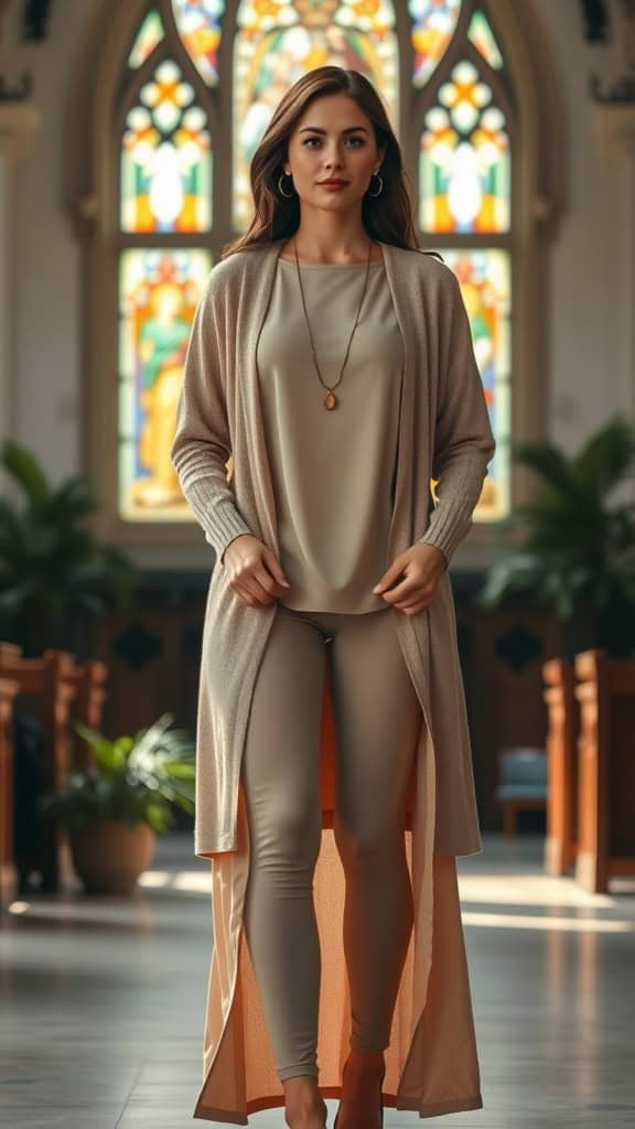 A woman wearing a modest legging outfit with a flowing cardigan inside a church.