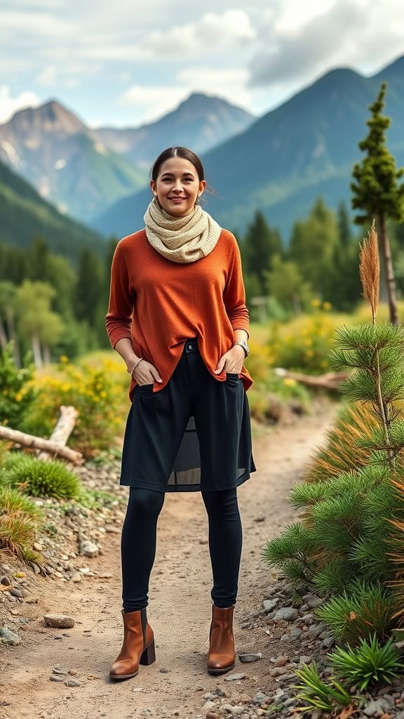 A young woman wearing a modest outfit with leggings and a scarf, walking on a nature trail