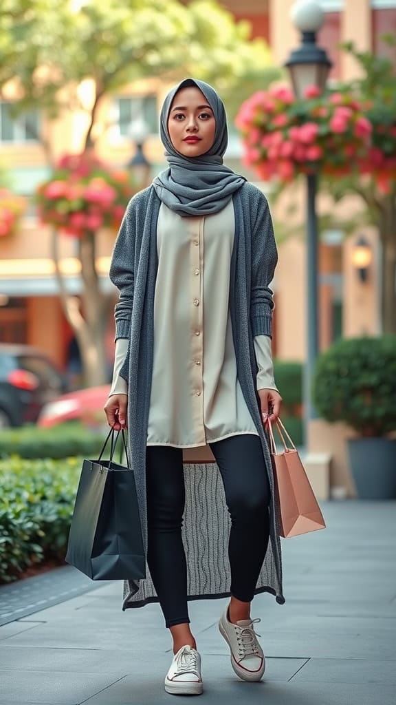 A woman in a long cardigan, shirt, and leggings carrying shopping bags while walking outdoors.