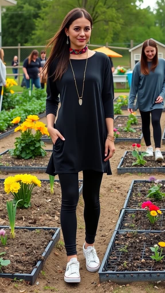 Woman in modest outfit with leggings, long top, and sneakers, volunteering in a garden setting.