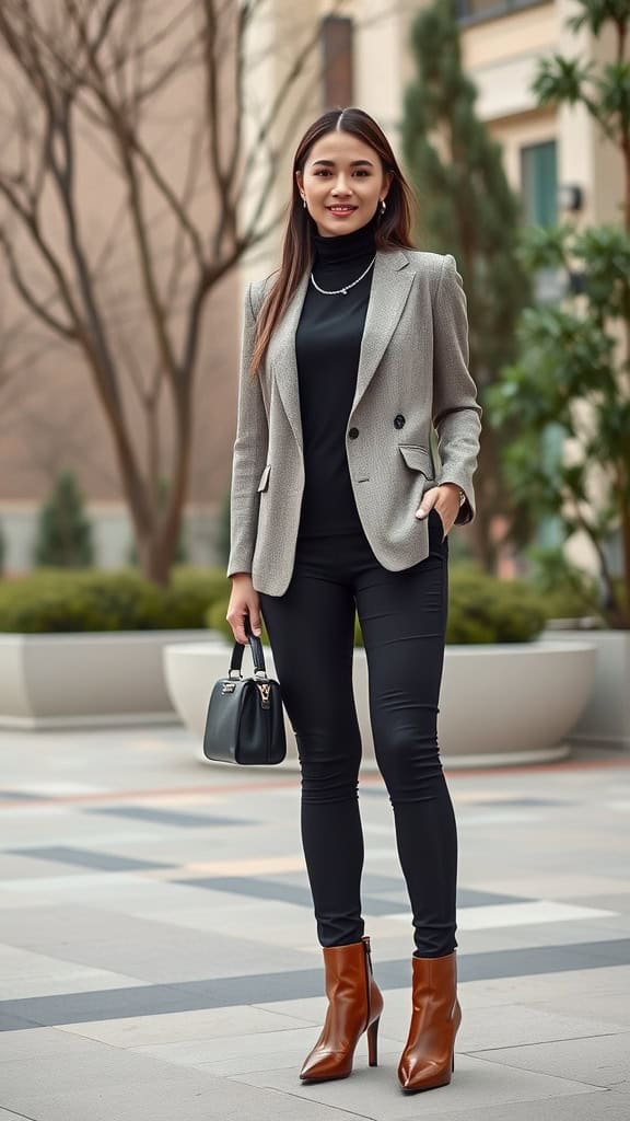 A woman wearing a gray blazer over a black top and black leggings, paired with brown high-heeled boots, standing outdoors.