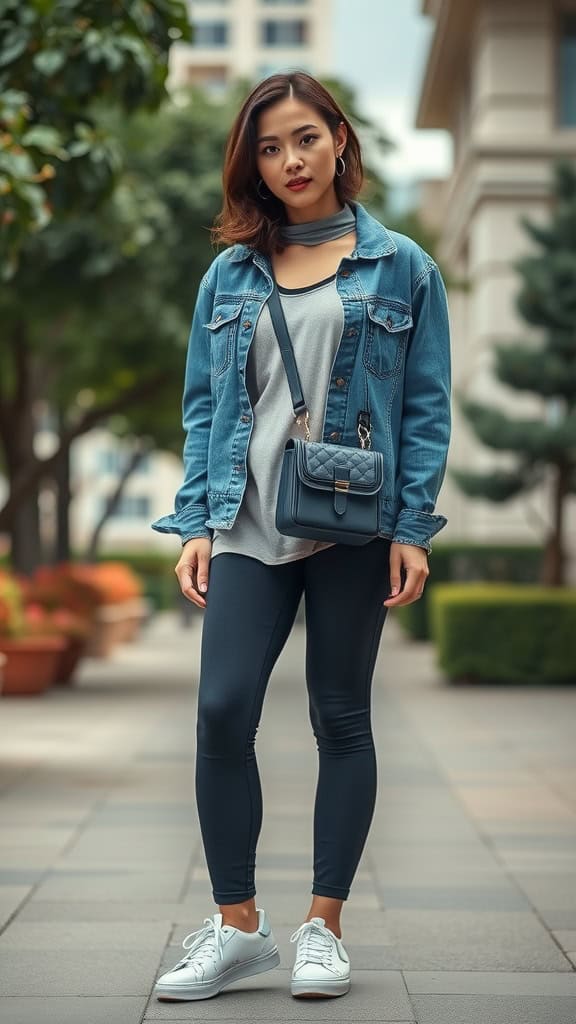 A woman wearing black leggings, a gray top, and an oversized denim jacket, with white sneakers and a small handbag, standing outdoors.