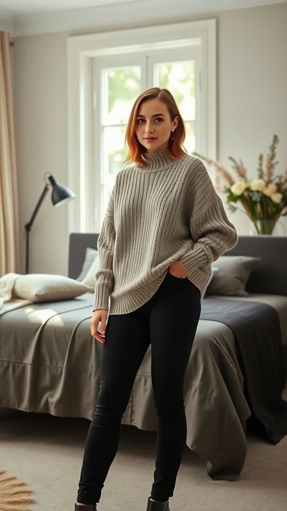 A woman in a cozy oversized sweater and black leggings, styled in a modern bedroom setting.