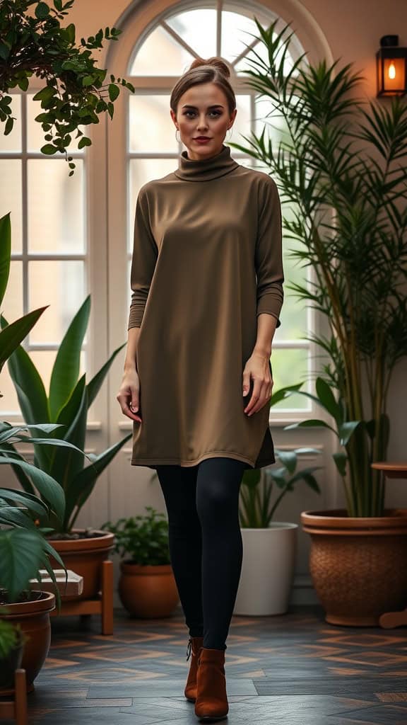 Model wearing an olive green tunic top with black leggings in a stylish indoor setting.