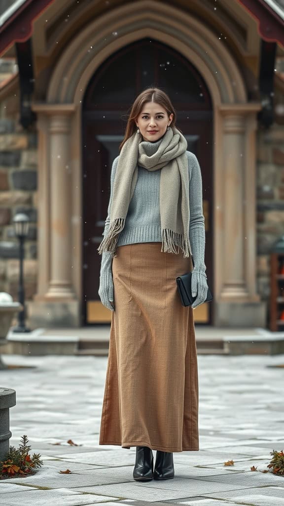 A woman wearing a wool maxi skirt, tucked turtleneck, and scarf outside a church in winter.