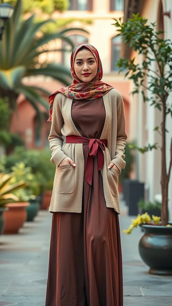 A woman in a brown maxi skirt and belted cardigan, wearing a colorful hijab, posing in a courtyard.