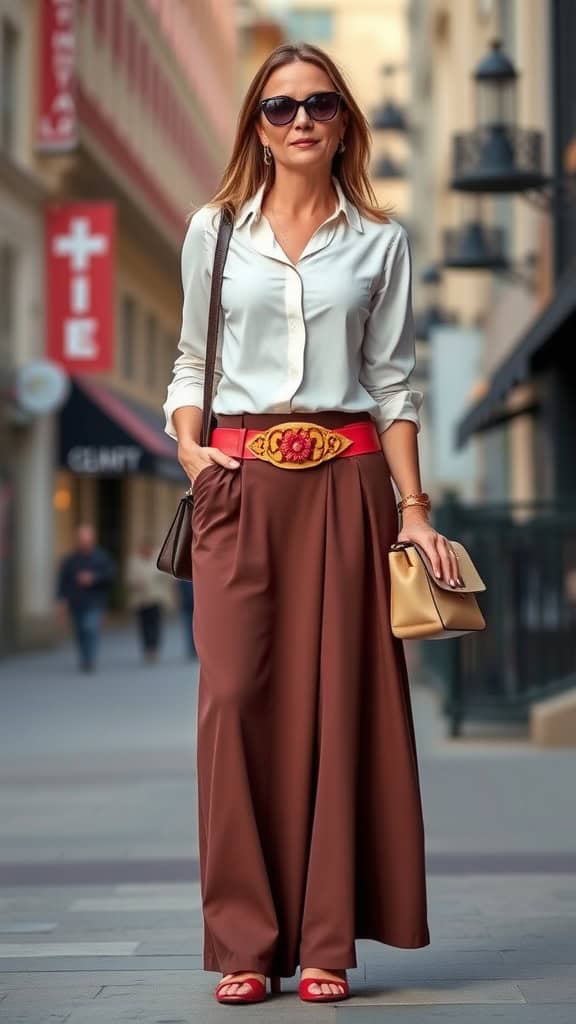 A woman wearing a stylish long skirt and a tucked-in blouse, accessorized with a statement belt.