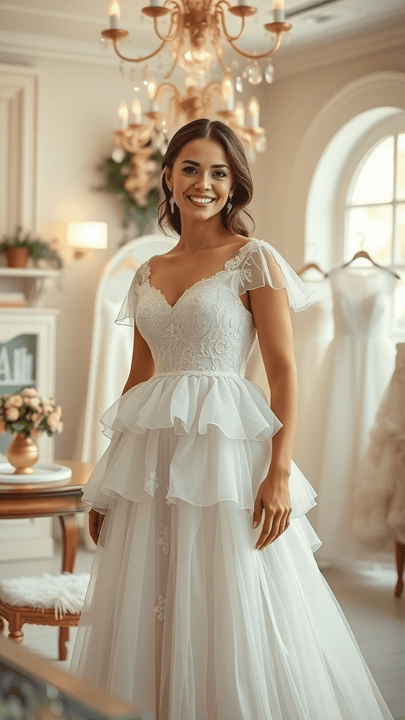 A model showcasing a modest off-shoulder church dress in a beautifully lit church setting.