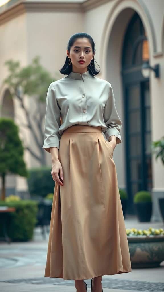 A woman in a beige A-line skirt and a light blouse, standing confidently outdoors.