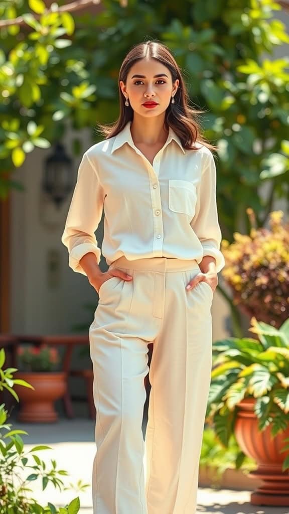 A woman in a light-colored button-up shirt and linen pants, standing amidst greenery